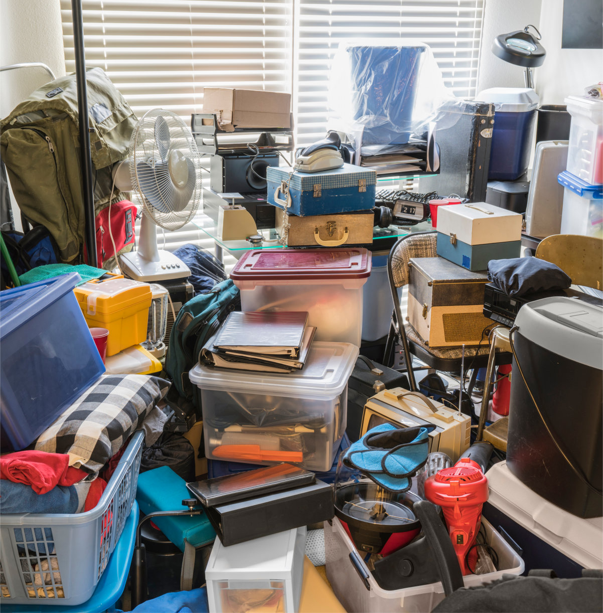 Hoarder,Room,Packed,With,Boxes,,Electronics,,Business,Equipment,,Household,Objects